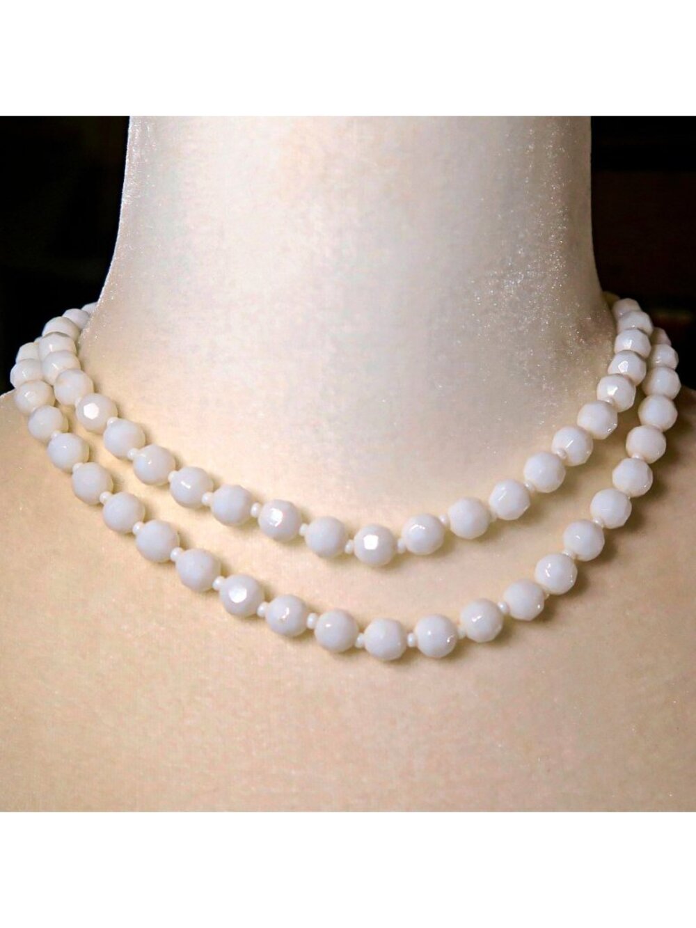 Vintage West Germany White Bead Necklace, Double Strand, 15", Faceted Detail